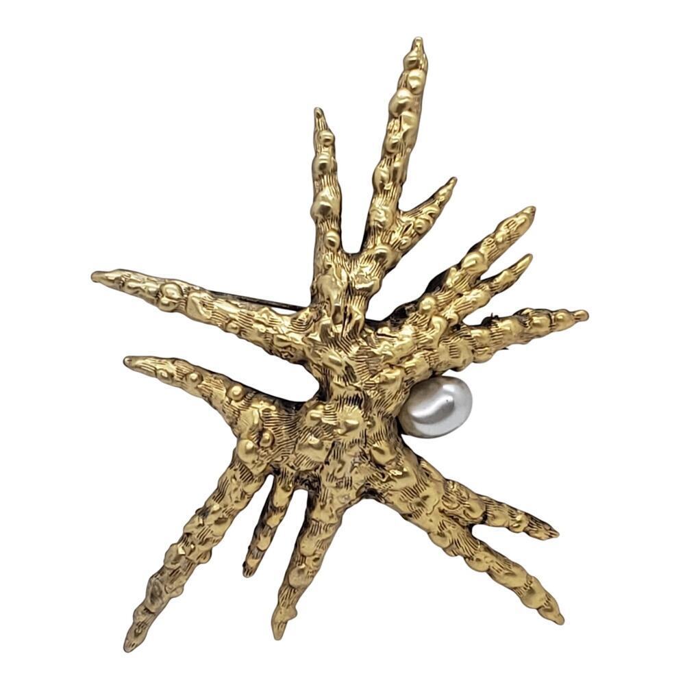 Vintage Tortolani Starfish Brooch Pin Gold Tone Textured Faux Pearl Sea Life 3in